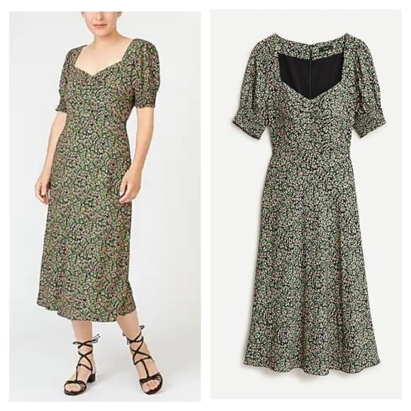 J Crew Smocked-sleeve Micro Floral midi dress in floral size 4  AO898 - Picture 1 of 5